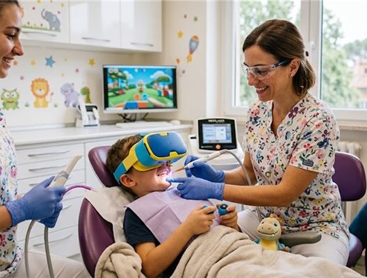 Bambino sereno sulla poltrona del dentista durante la cura